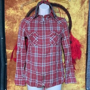 HORNY TOAD-women’s red plaid flannel long sleeve full-zip hooded shirt jacket